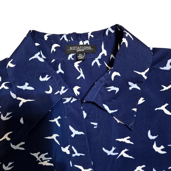 Notations -Women's Petite Button-up Roll Tab Sleeves Bird Print Blouse Size PL - Picture 2 of 8